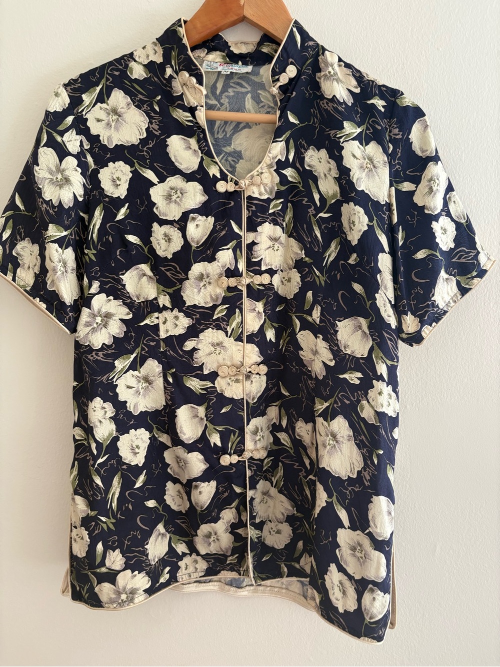 Vintage Navy Blue Mandarin Collar Blouse